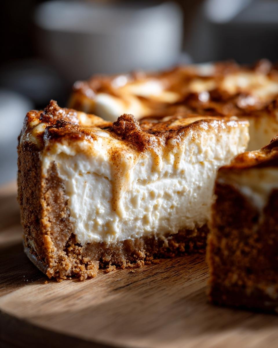 Nahaufnahme eines cremigen Stücks Christmas Cheesecake mit braunem Keksboden auf Holz.