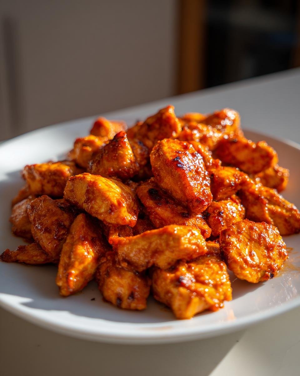 Nahaufnahme von gew&uuml;rfeltem, glasiertem Chipotle Chicken auf einem wei&szlig;en Teller.