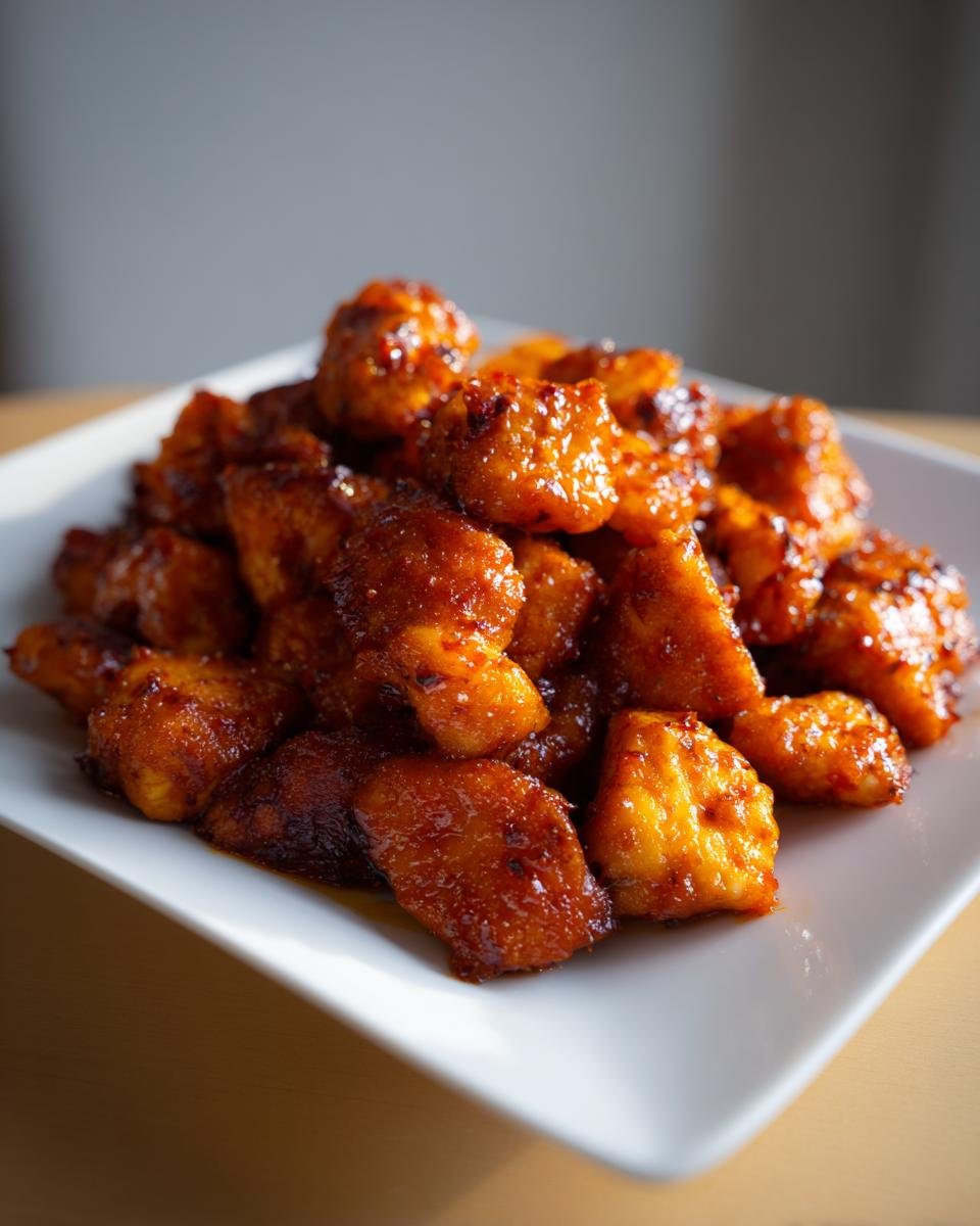 Ein Teller mit saftigen, glasierten St&uuml;cken Chipotle Chicken, appetitlich angerichtet.