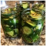 Nahaufnahme von vier Gl&auml;sern mit frischen Gurkenst&uuml;cken und Gew&uuml;rzen f&uuml;r Pickled Recipes.