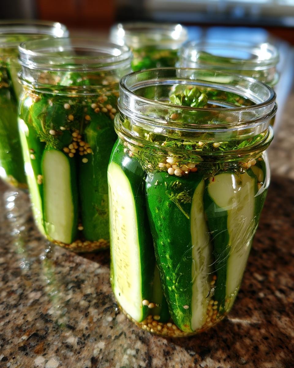 Nahaufnahme von Gurken in Gl&auml;sern, bereit f&uuml;r Pickled Recipes, mit Senfk&ouml;rnern und Dill.