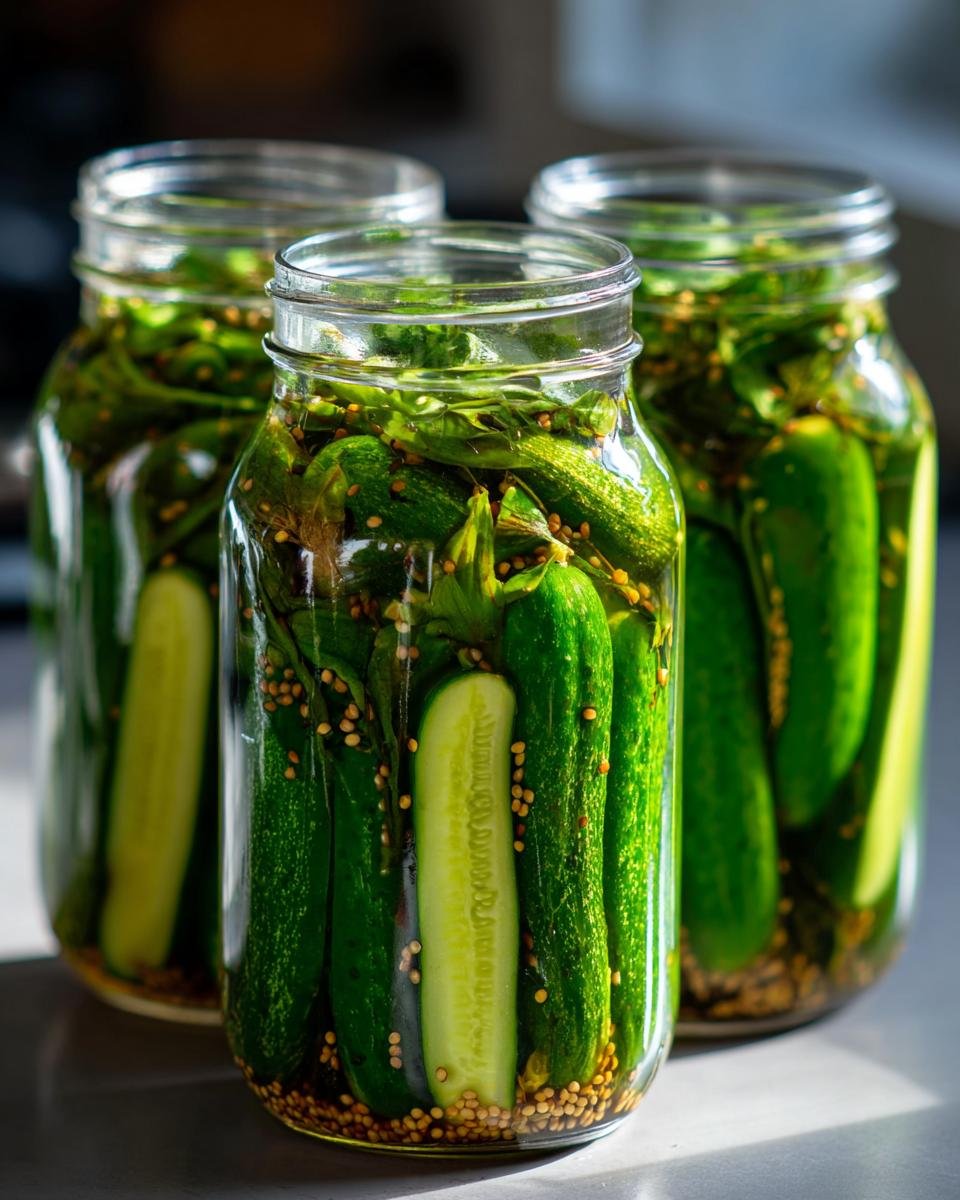 Drei Gl&auml;ser mit frischen Gurken, Dill und Senfk&ouml;rnern f&uuml;r Pickled Recipes.