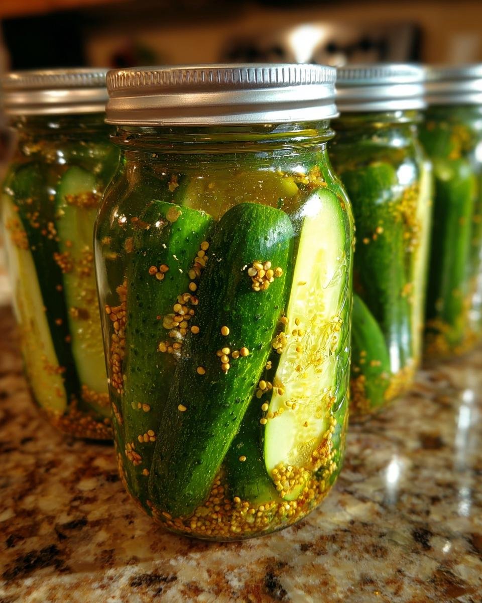 Nahaufnahme von eingelegten Gurken in Gl&auml;sern mit Senfk&ouml;rnern, ein Beispiel f&uuml;r tolle Pickled Recipes.