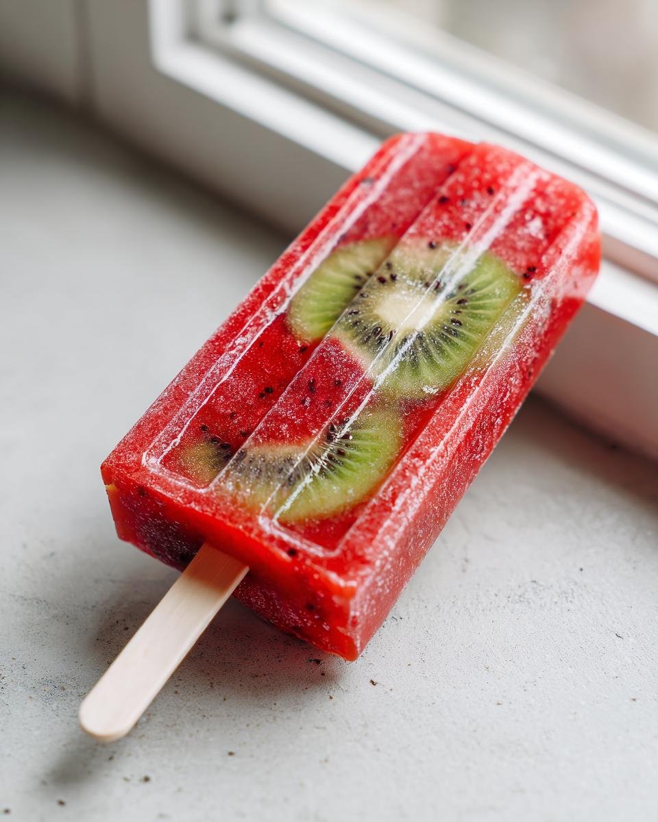 Nahaufnahme eines roten Erdbeer Kiwi Fruchteis am Stiel mit sichtbaren Kiwi-Scheiben darin.