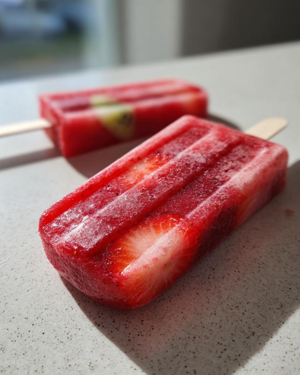 Zwei gefrorene Erdbeer Kiwi Fruchteis am Stiel liegen auf einer hellen Oberfl&auml;che im Sonnenlicht.