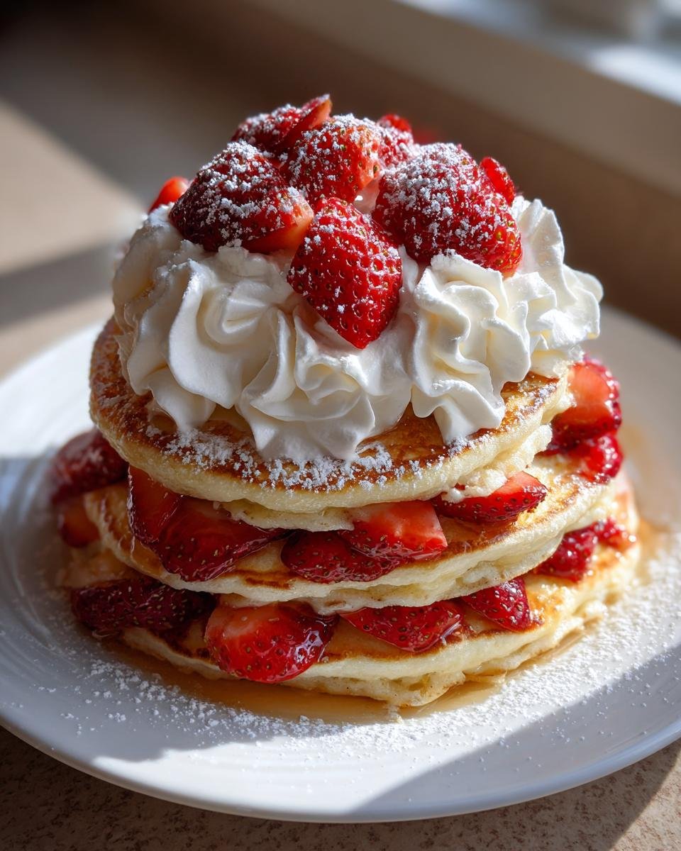 Ein hoher Stapel Erdbeer-Shortcake-Pfannkuchen, belegt mit Schlagsahne und frischen Erdbeeren.