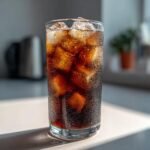 Nahaufnahme eines hohen Glases mit eiskaltem Iced Americano, bedeckt mit Kondenswasser.