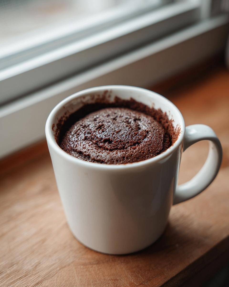 Nahaufnahme eines frisch gebackenen Oreo Mug Cake in einer wei&szlig;en Tasse, der auf Holz steht.