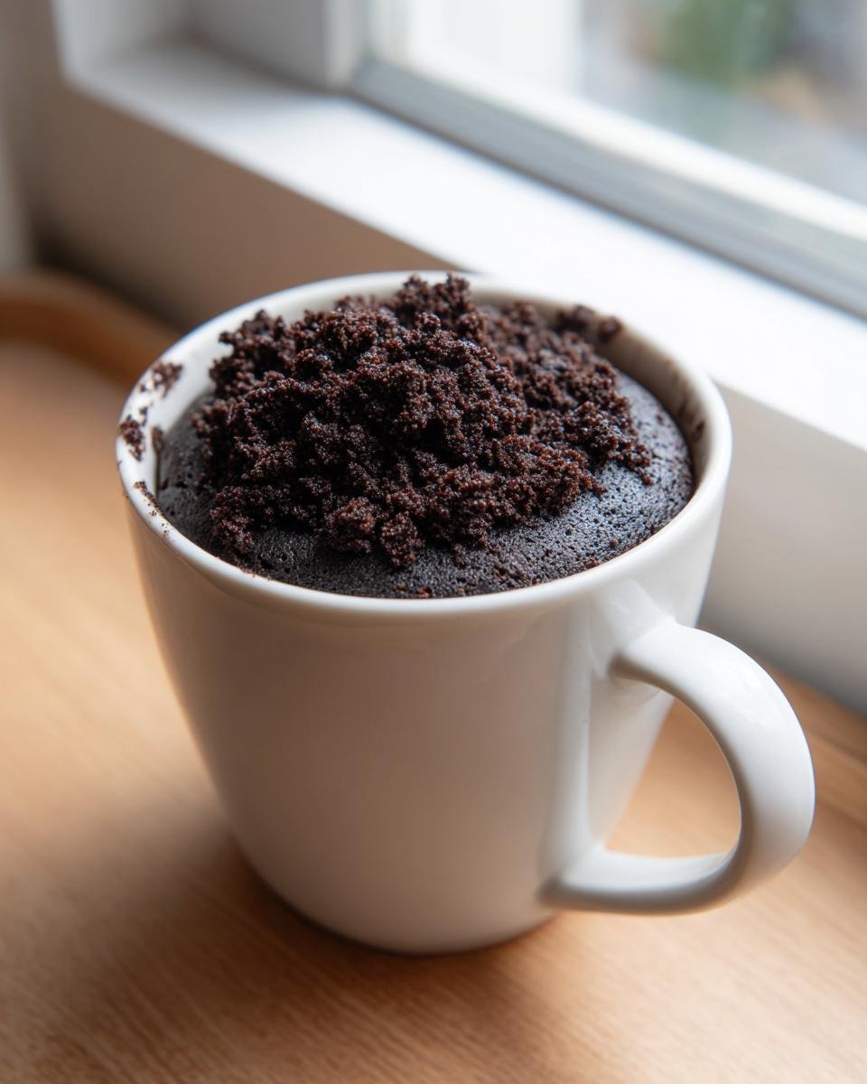 Nahaufnahme eines fertigen Oreo Mug Cake in einer wei&szlig;en Tasse mit dunklen Schokoladenstreuseln obenauf.