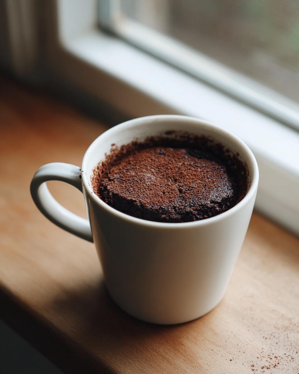 Ein fertiger Oreo Mug Cake, best&auml;ubt mit Kakaopulver, in einer wei&szlig;en Tasse auf einem Holzbrett.