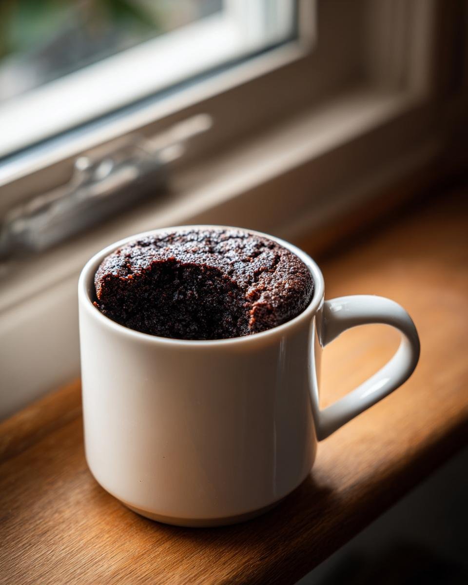 Dunkler, saftiger Oreo Mug Cake in einer wei&szlig;en Tasse, mit einem Bissen herausgenommen.