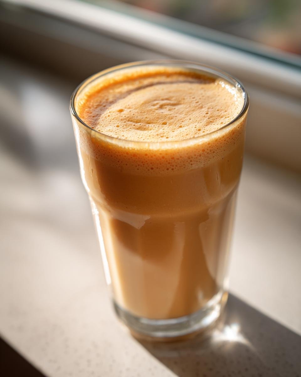 Ein cremiger, orangefarbener Sweet Potato Pie Smoothie in einem hohen Glas, beleuchtet von Sonnenlicht.