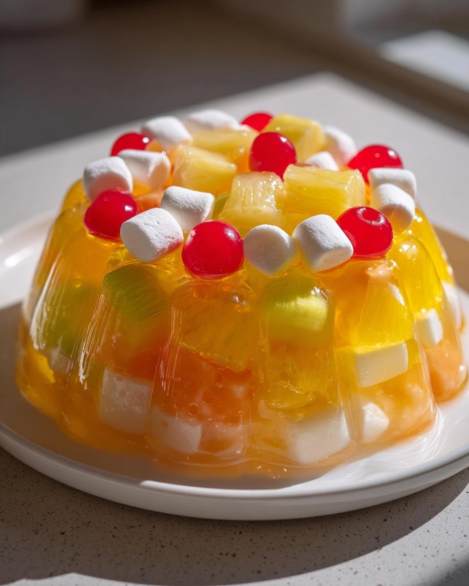 Ein leuchtend gelber Congealed Salad mit Ananasst&uuml;cken, wei&szlig;en Marshmallows und roten Cocktailkirschen.