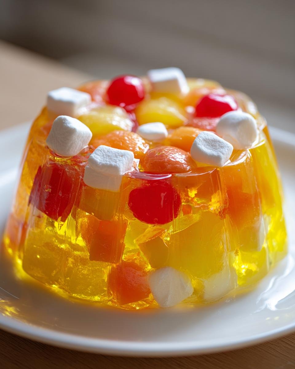 Ein leuchtend gelber Congealed Salad mit Fruchtst&uuml;cken und wei&szlig;en Marshmallows obenauf.