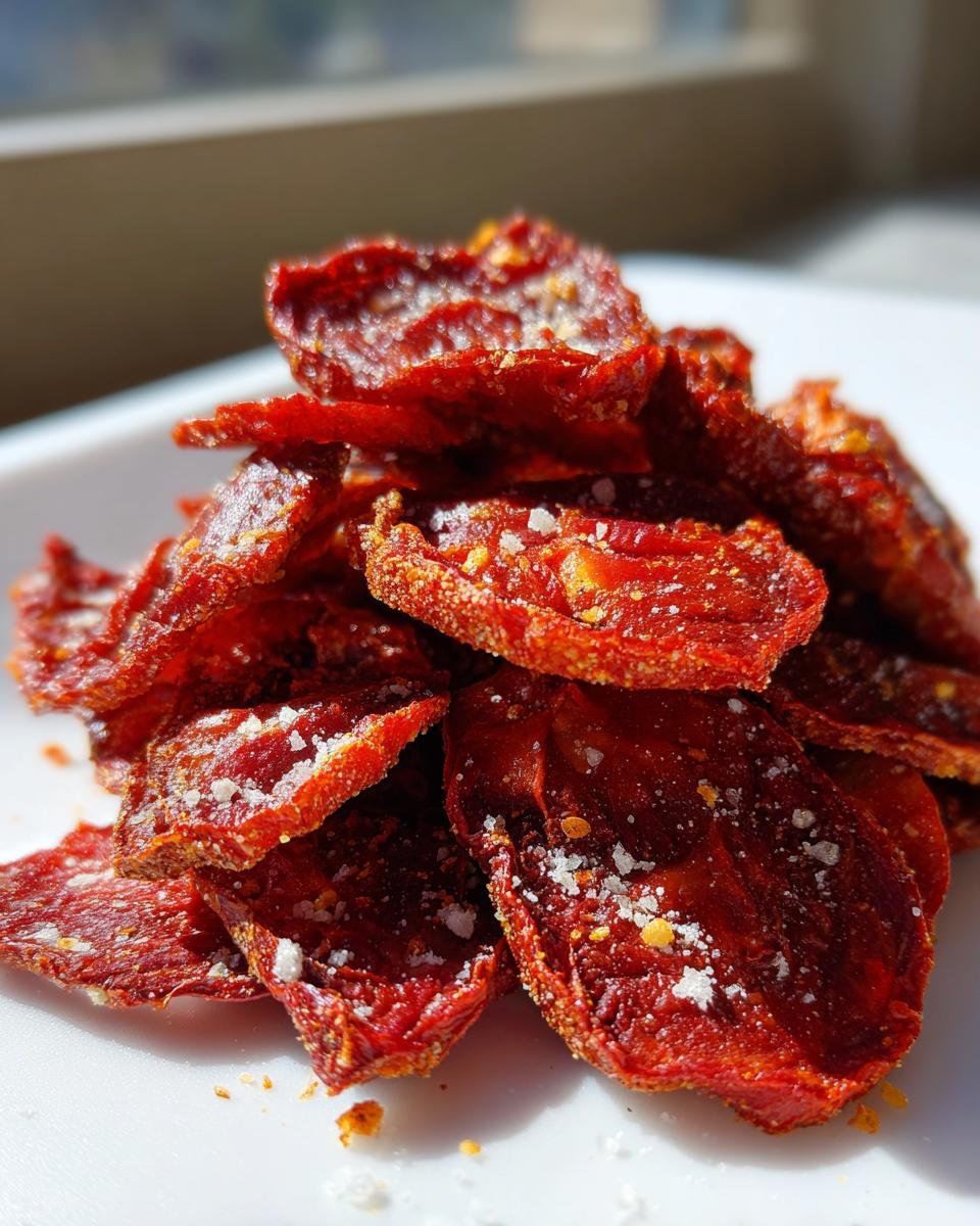 Nahaufnahme von getrockneten, roten Garlic Parmesan Tomato Chips, bestreut mit Parmesan und Salz.