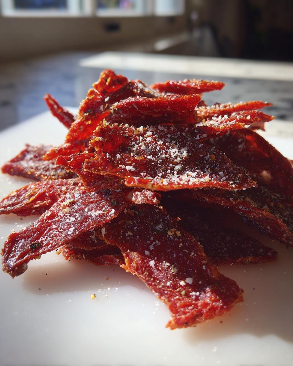 Stapel von roten, getrockneten Garlic Parmesan Tomato Chips, bestreut mit Parmesan und Gew&uuml;rzen.