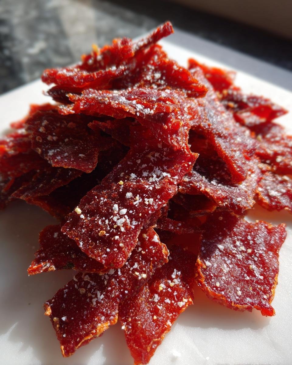 Nahaufnahme von gestapelten, getrockneten, tiefroten Garlic Parmesan Tomato Chips, bestreut mit wei&szlig;em Salz.