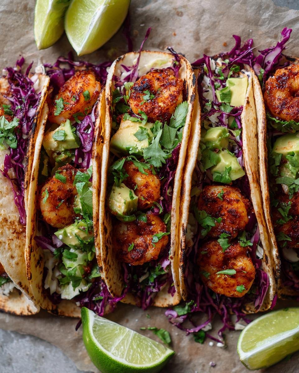 Nahaufnahme von vier Tacos gefüllt mit gewürzten Garnelen, Rotkohl und Avocado – Teil der Mexican Shrimp Recipes.