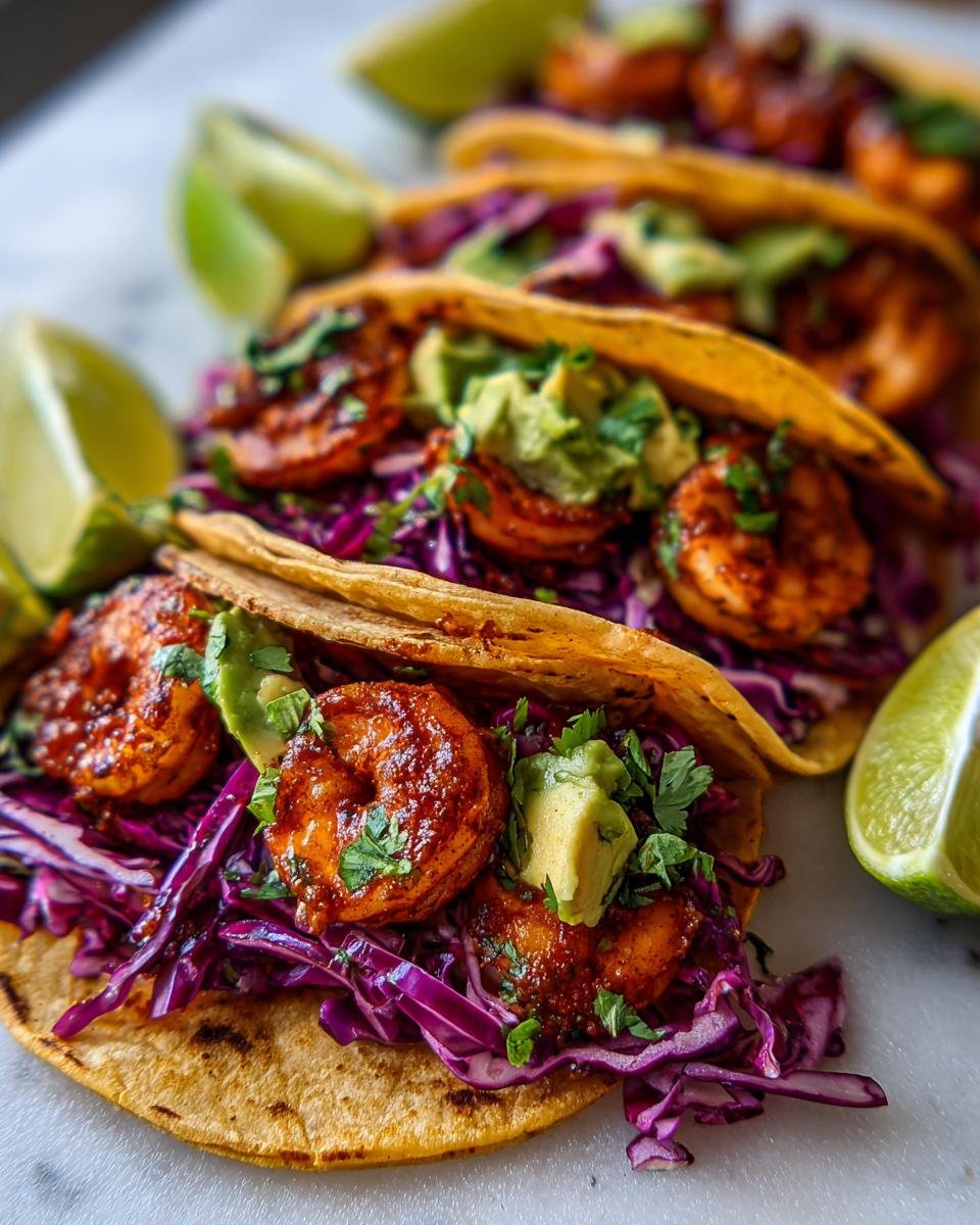Nahaufnahme von drei Tacos gefüllt mit gewürzten Garnelen, Rotkohlsalat, Avocado und Limettenspalten – ein Beispiel für Mexican Shrimp Recipes.