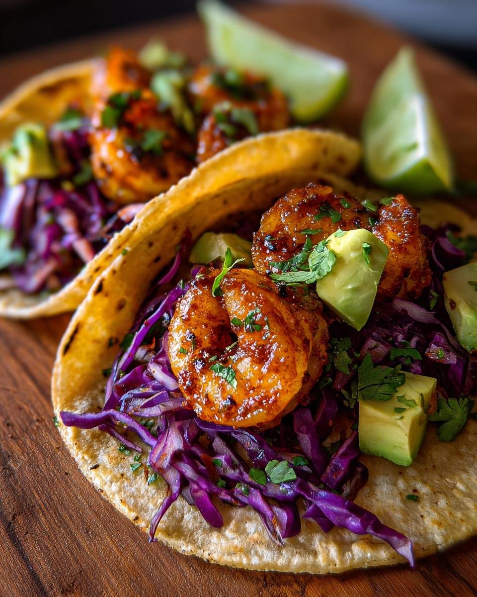 Nahaufnahme von zwei Garnelen Tacos mit gebratenen Garnelen und Rotkohlsalat, ein Beispiel für Mexican Shrimp Recipes.
