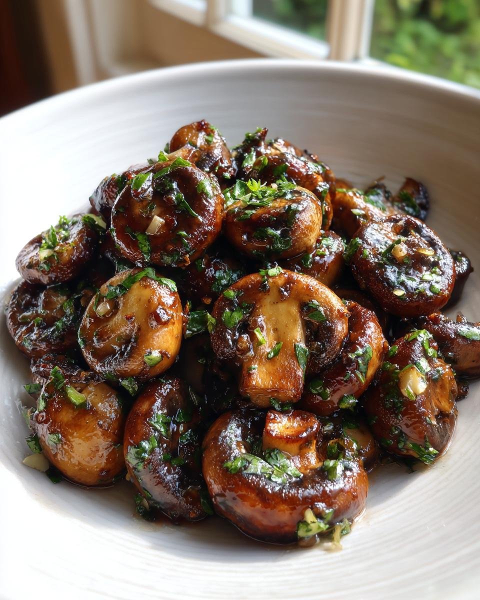 Gebratene Champignons in Knoblauch-Kräuter-Marinade, ideal für Keto Mushroom Recipes.