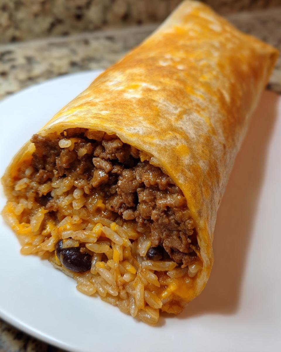 Nahaufnahme eines gebratenen Burritos, gef&uuml;llt mit gew&uuml;rztem Hackfleisch, Reis und schwarzen Bohnen. Perfekt f&uuml;r schnelle Burrito Recipes.