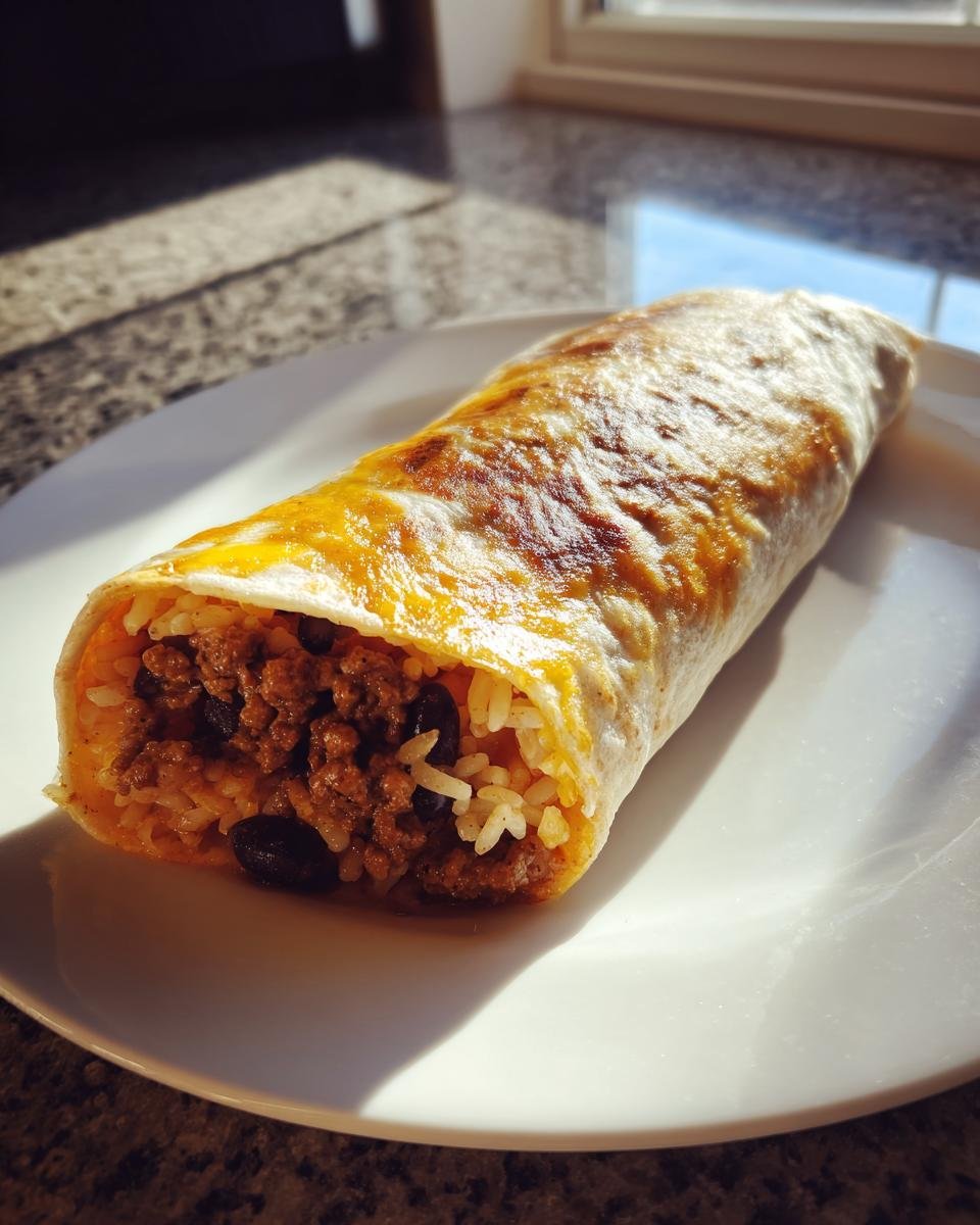 Ein goldbraun gebratener Burrito, gef&uuml;llt mit gew&uuml;rztem Hackfleisch, Reis und schwarzen Bohnen, liegt auf einem wei&szlig;en Teller. Eines der Burrito Recipes.