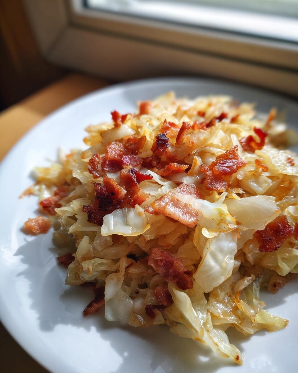 Nahaufnahme von gebratenem Wei&szlig;kohl mit knusprigem Speck, ein herzhaftes Beispiel f&uuml;r Cabbage Side Dishes.