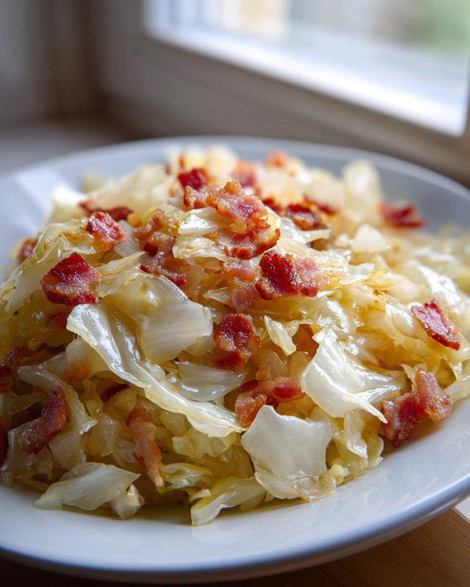 Nahaufnahme von gebratenem Wei&szlig;kohl mit knusprigen Speckw&uuml;rfeln, ein herzhaftes Gericht unter den Cabbage Side Dishes.