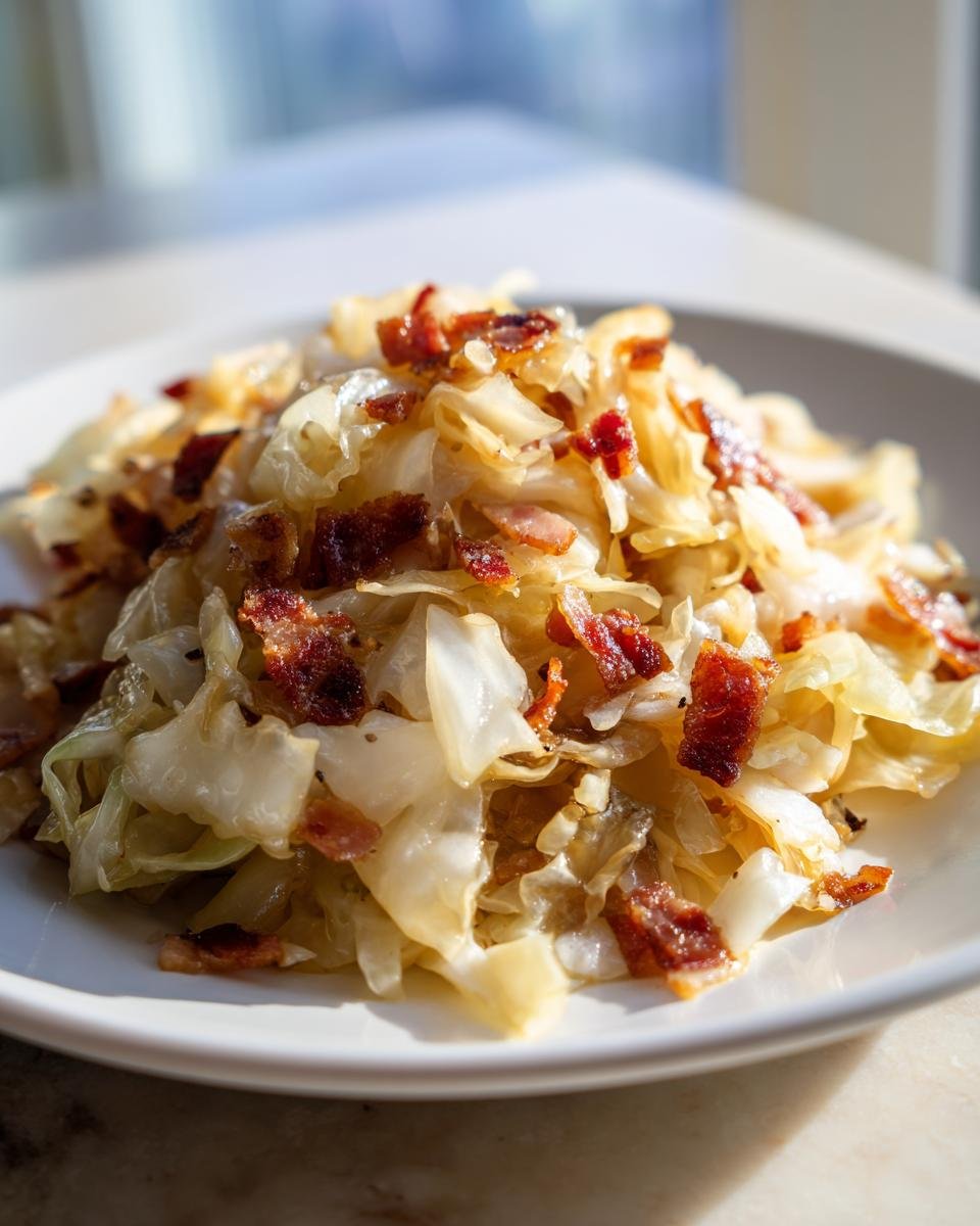 Nahaufnahme von gebratenem Wei&szlig;kohl mit knusprigen Speckw&uuml;rfeln, ein ideales Beispiel f&uuml;r Cabbage Side Dishes.