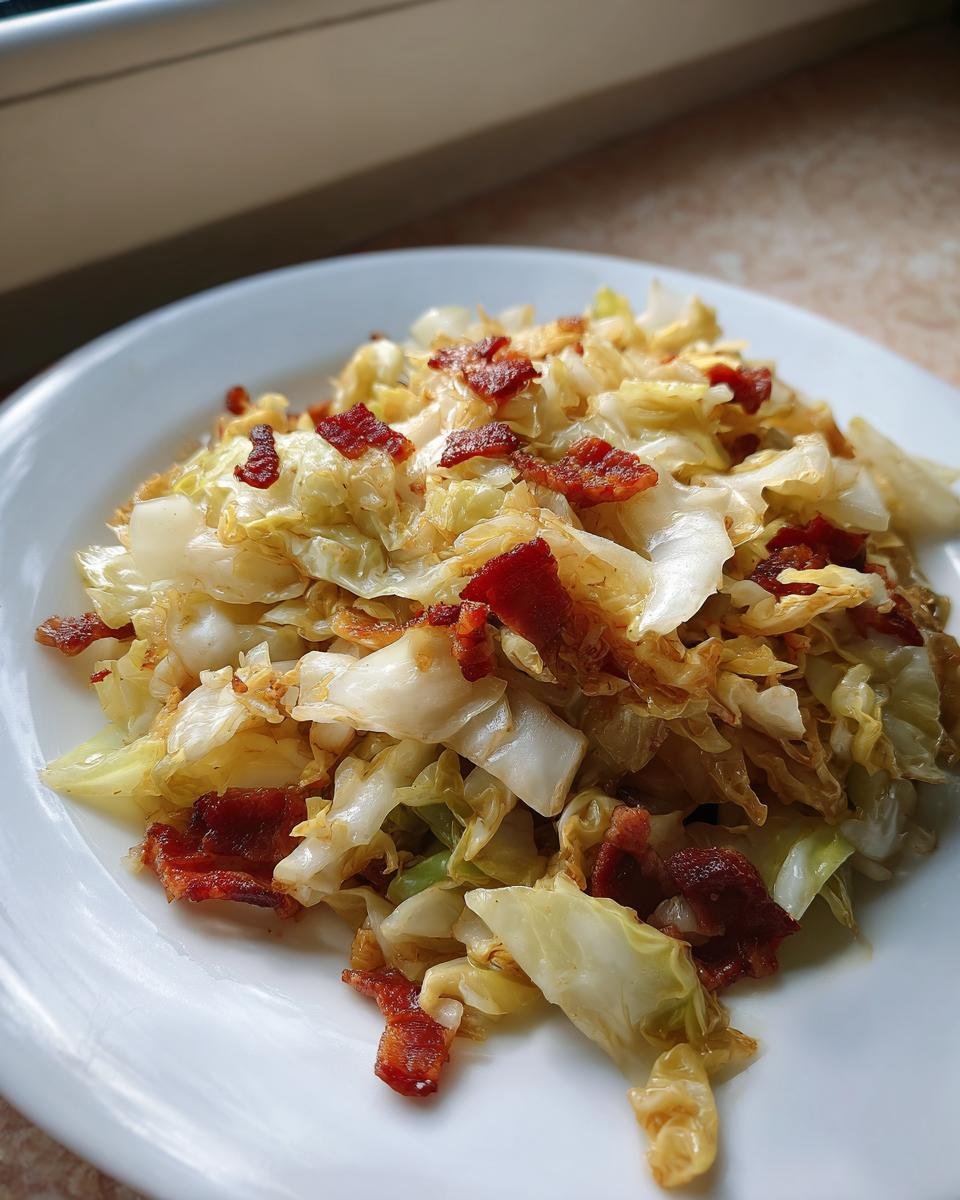 Nahaufnahme von gebratenem Wei&szlig;kohl mit knusprigem Speck auf einem wei&szlig;en Teller, ein schnelles Gericht unter den Cabbage Side Dishes.