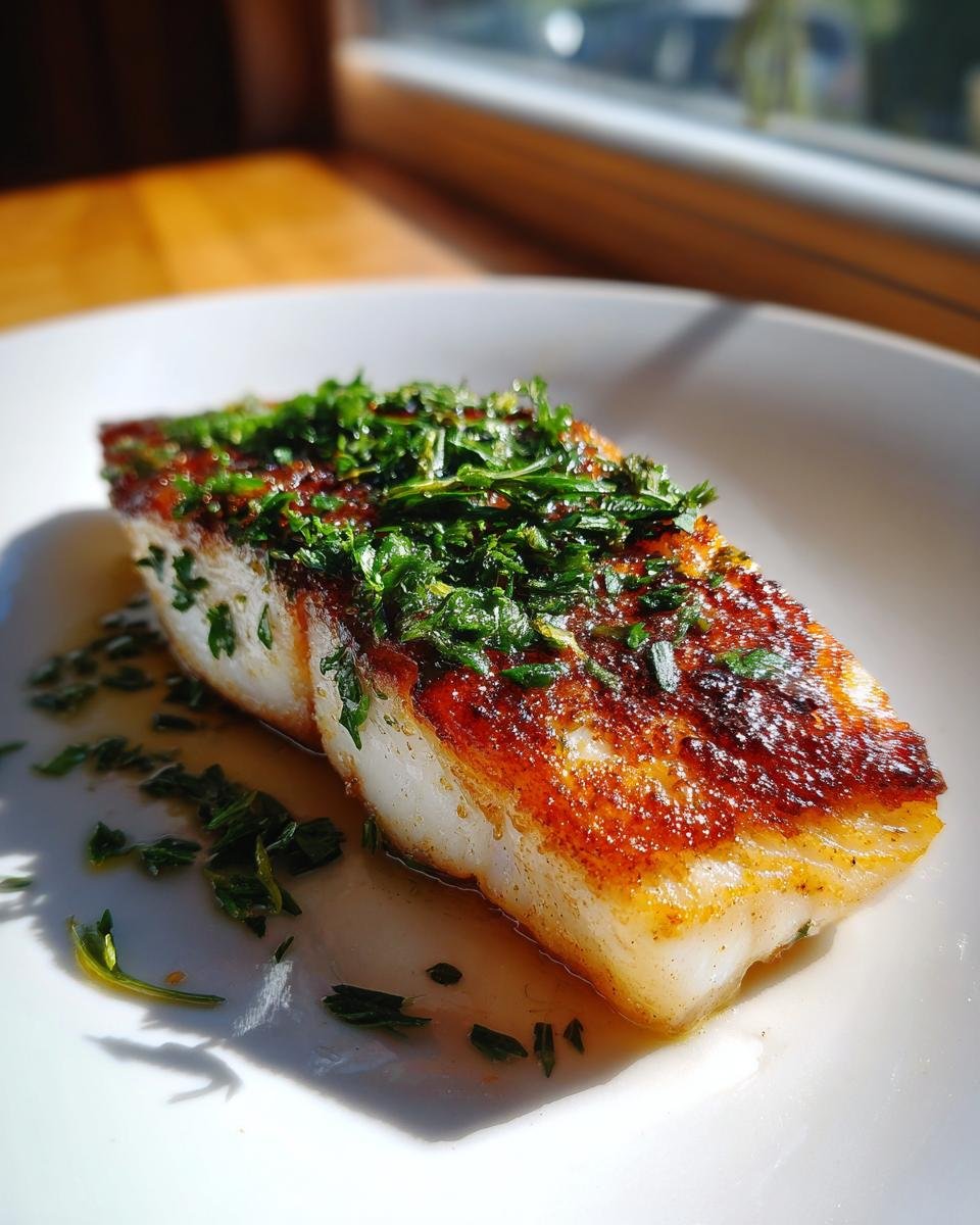 Gebratenes Barramundi Filet mit knuspriger Kruste und frischen Kräutern auf einem weißen Teller.