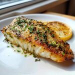Nahaufnahme eines perfekt gebratenen Barramundi Filets, bestreut mit Petersilie und Zitrone.