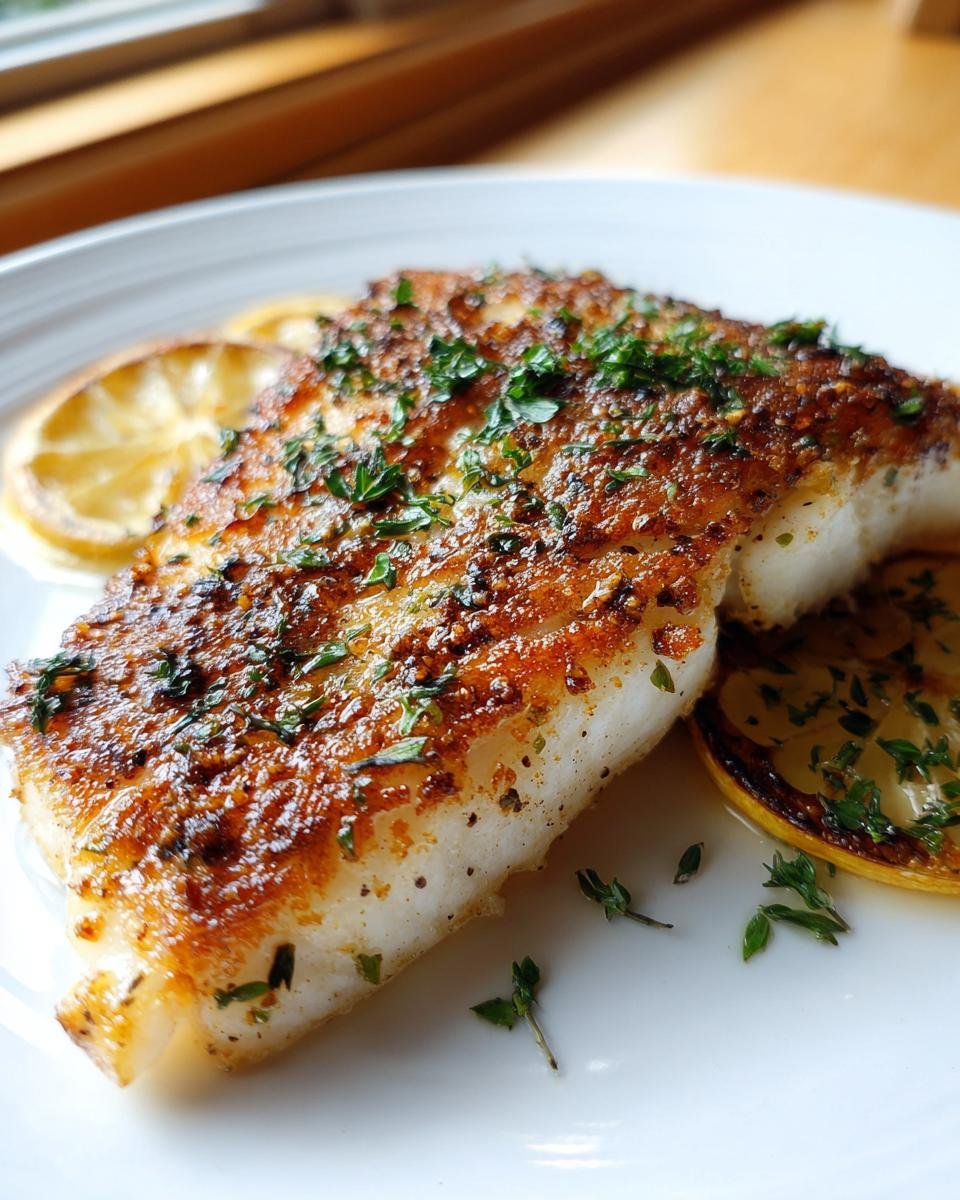 Gebratenes Barramundi Filet mit goldbrauner Kruste, Petersilie und Zitronenscheiben.