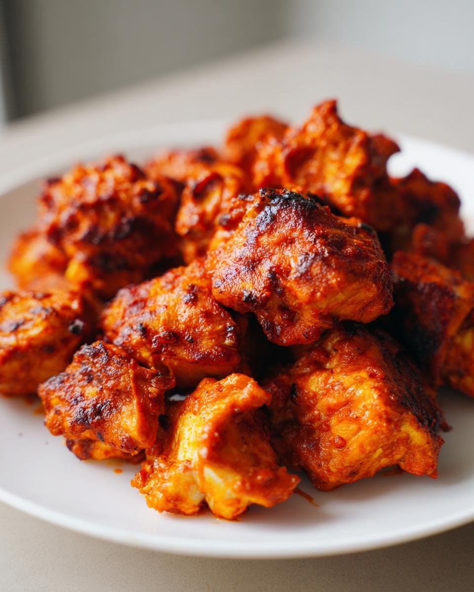 Nahaufnahme von saftigen St&uuml;cken Chipotle Chicken auf einem wei&szlig;en Teller, leuchtend rot und leicht angebraten.