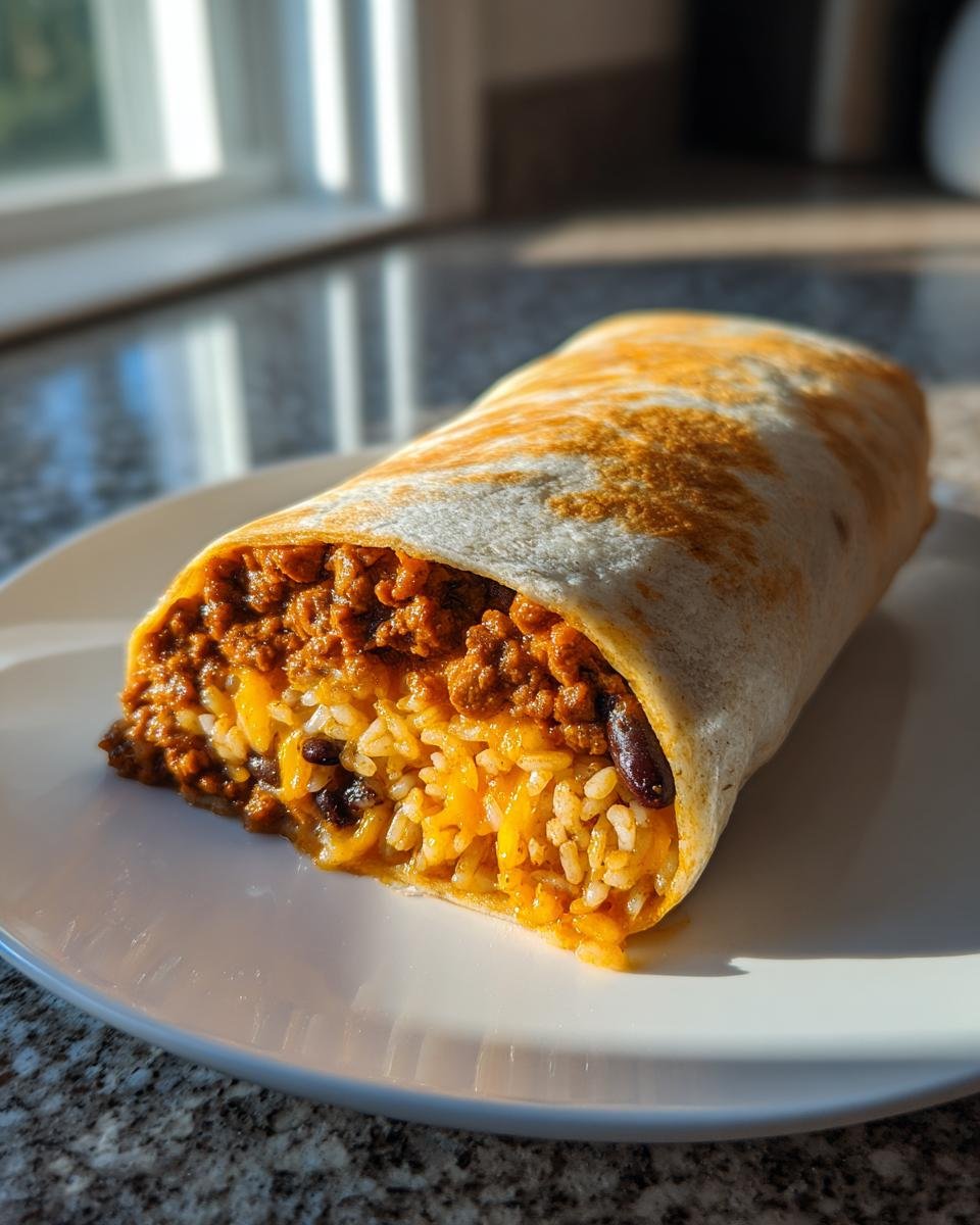 Anschnitt eines reichhaltig gef&uuml;llten Burritos mit gew&uuml;rztem Hackfleisch, Reis, K&auml;se und schwarzen Bohnen. Perfekt f&uuml;r schnelle Burrito Recipes.