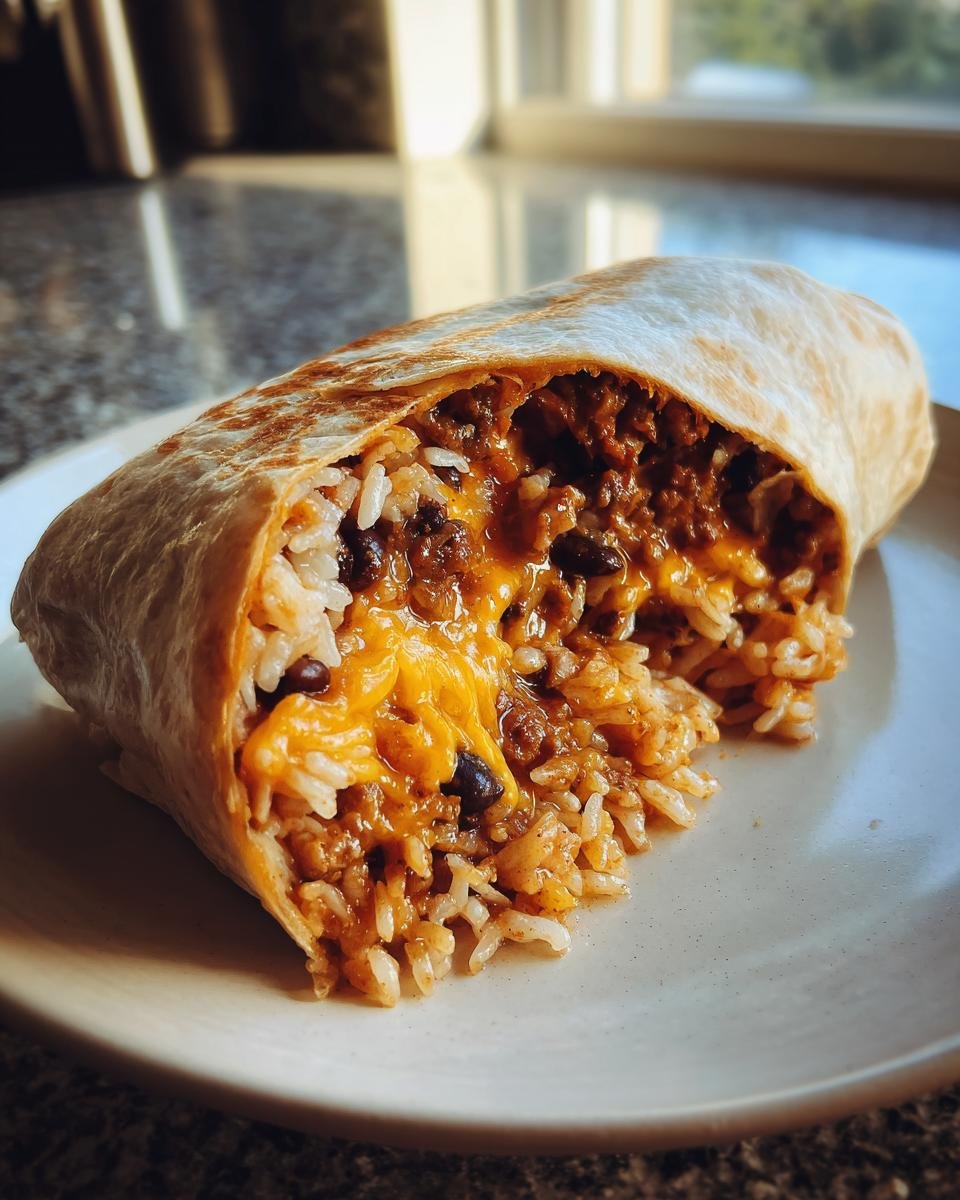 Nahaufnahme eines gef&uuml;llten Burrito mit Hackfleisch, Reis, schwarzen Bohnen und geschmolzenem K&auml;se. Perfekt f&uuml;r schnelle Burrito Recipes.