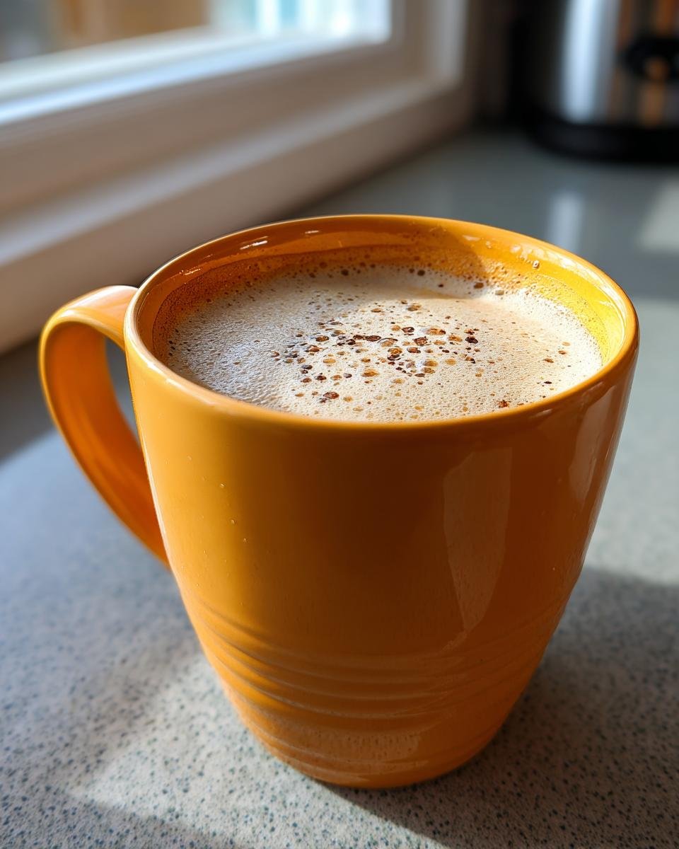 Nahaufnahme eines cremigen Golden Milk Latte in einem leuchtend gelben Becher, bestreut mit Gew&uuml;rzen.