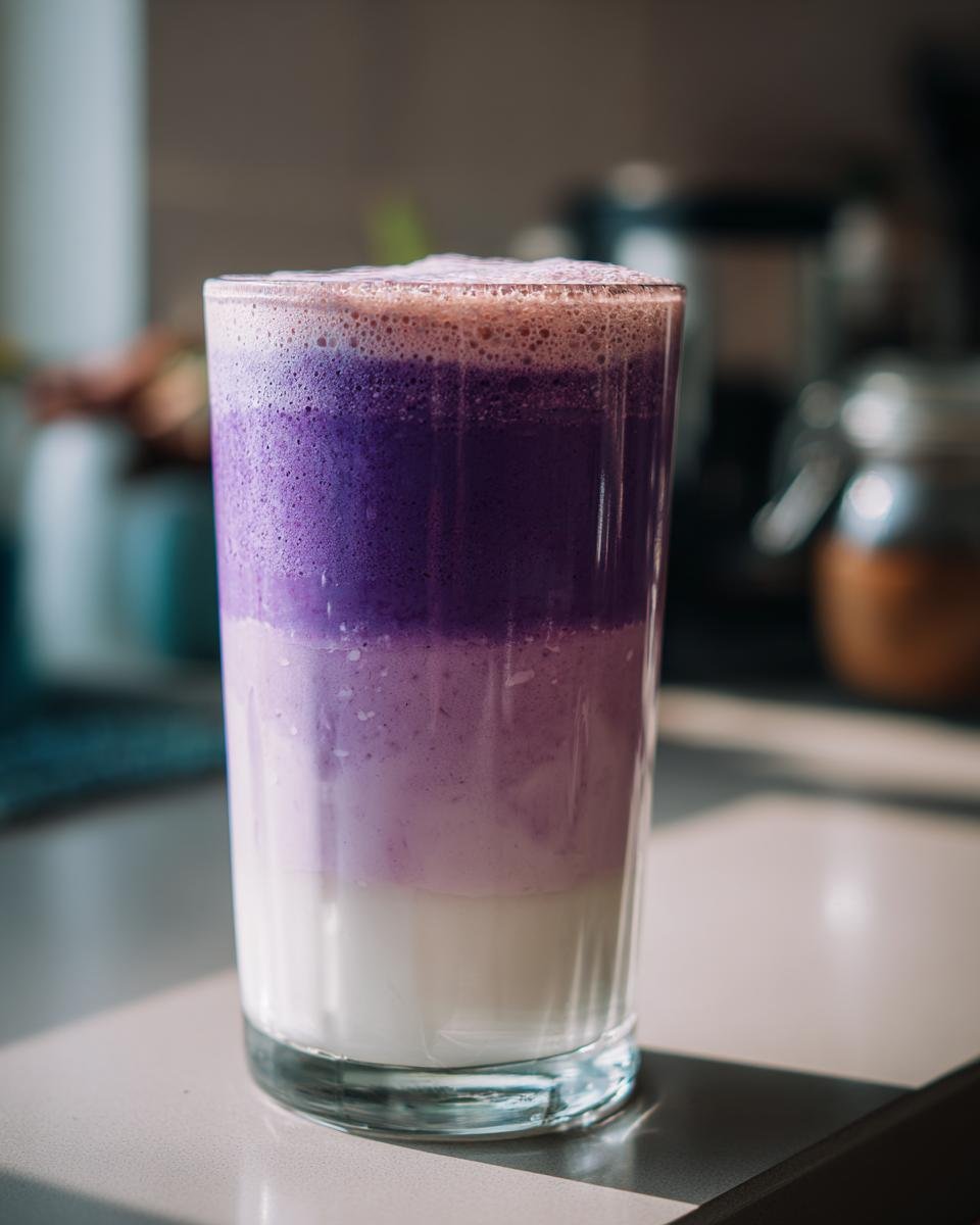 Ein geschichteter, violetter Smoothie mit Mandelmilch im hohen Glas, ideal f&uuml;r Almond Milk Smoothie Recipes.