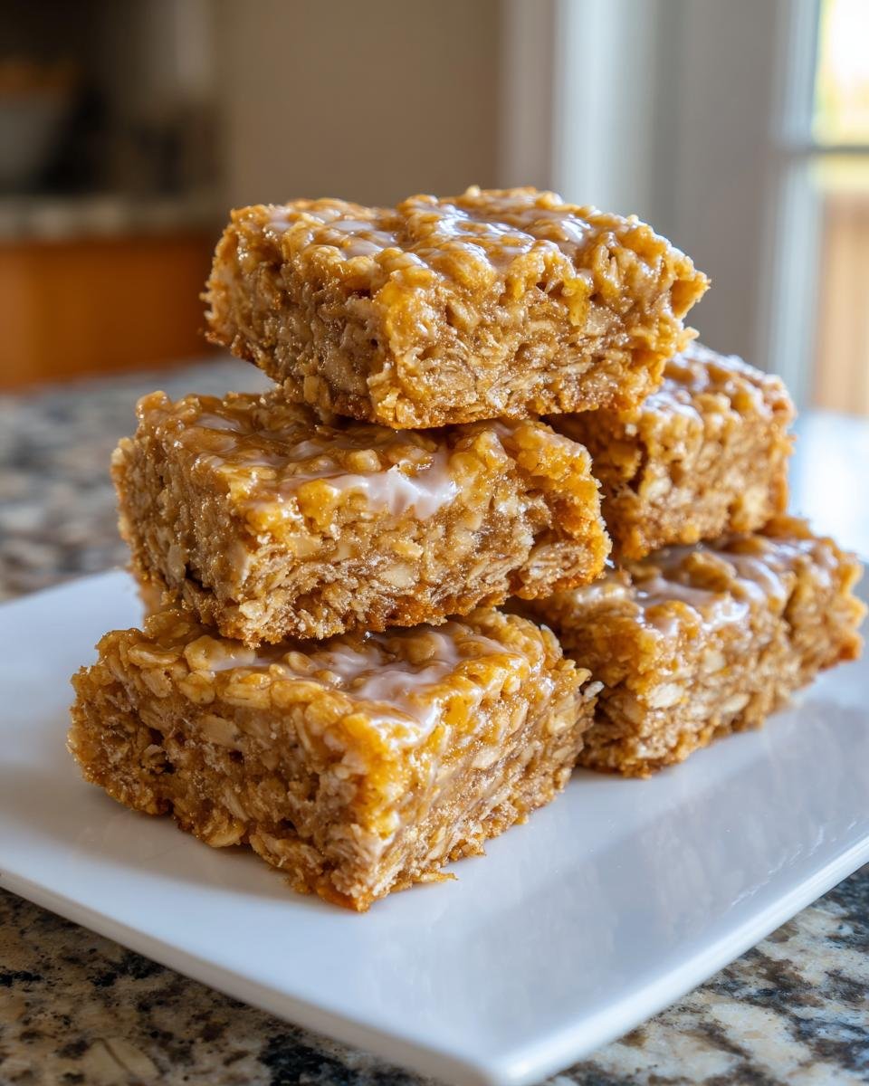 Stapel von z&auml;hen, quadratischen Flapjack Rezept St&uuml;cken mit einem hellen Zuckerguss auf einem wei&szlig;en Teller.