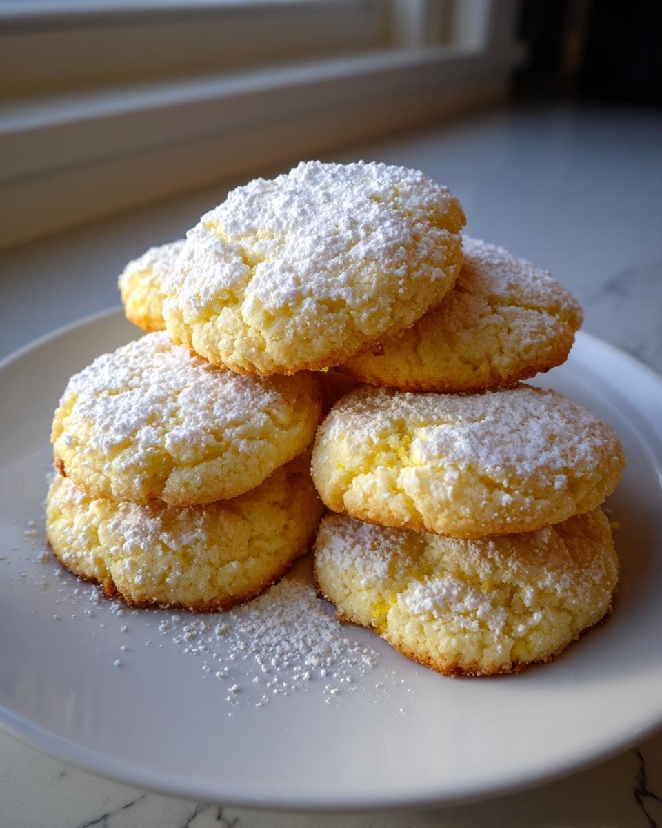 Ein Stapel goldgelber Lemon Cookies, gro&szlig;z&uuml;gig mit Puderzucker best&auml;ubt, auf einem wei&szlig;en Teller.