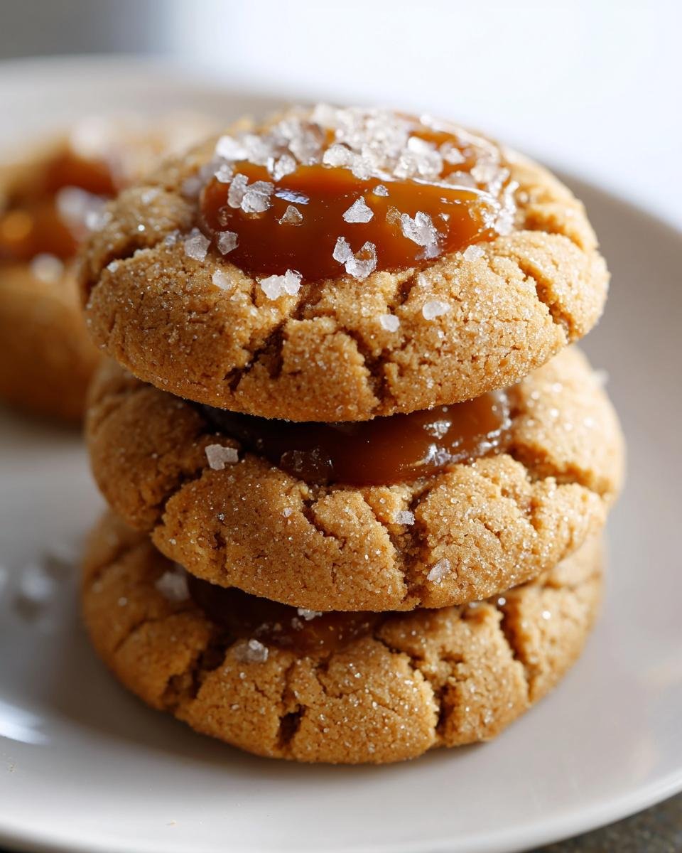 Drei gestapelte Salted Caramel Thumbprint Cookies, bedeckt mit Karamell und grobem Meersalz.
