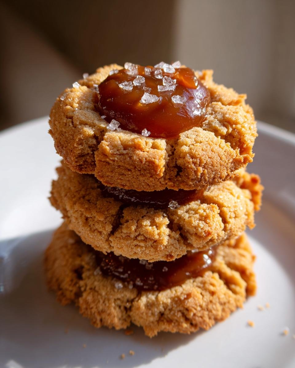 Drei gestapelte Salted Caramel Thumbprint Cookies mit Karamellf&uuml;llung und grobem Meersalz.