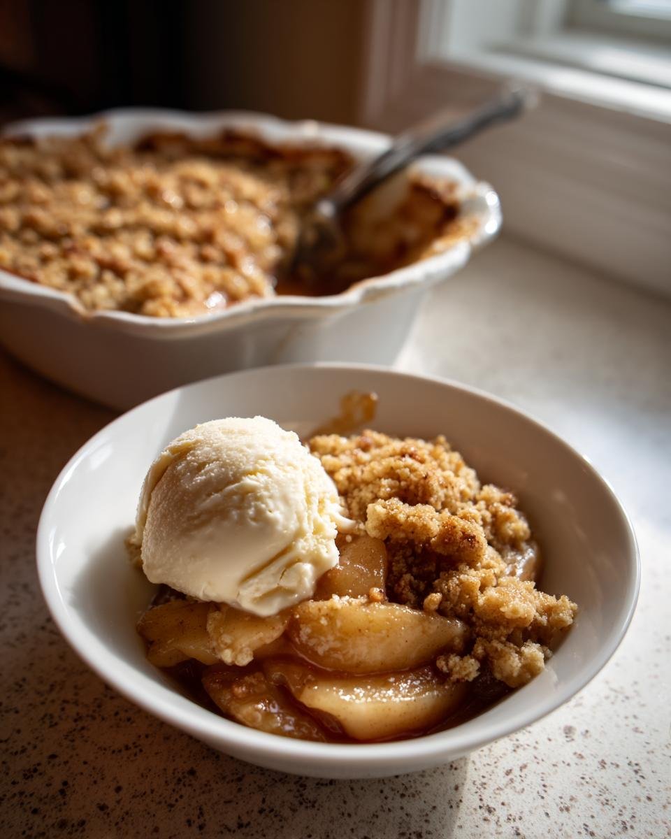 Eine Portion Gesundes Apfel Cobbler mit einer Kugel Vanilleeis in einer wei&szlig;en Sch&uuml;ssel.