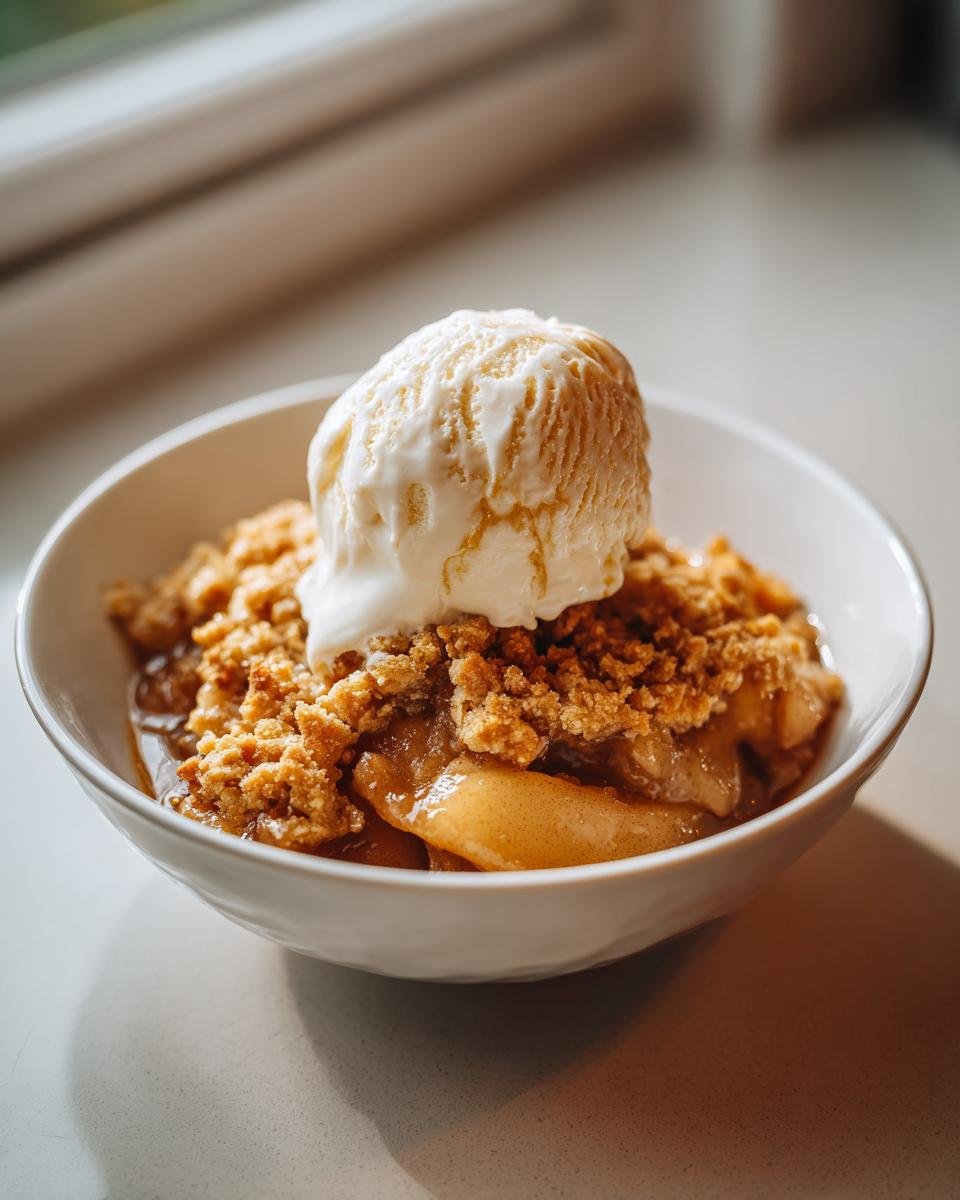 Eine Sch&uuml;ssel mit warmem Gesundes Apfel Cobbler bedeckt mit knusprigem Streusel und einer Kugel schmelzendem Vanilleeis.