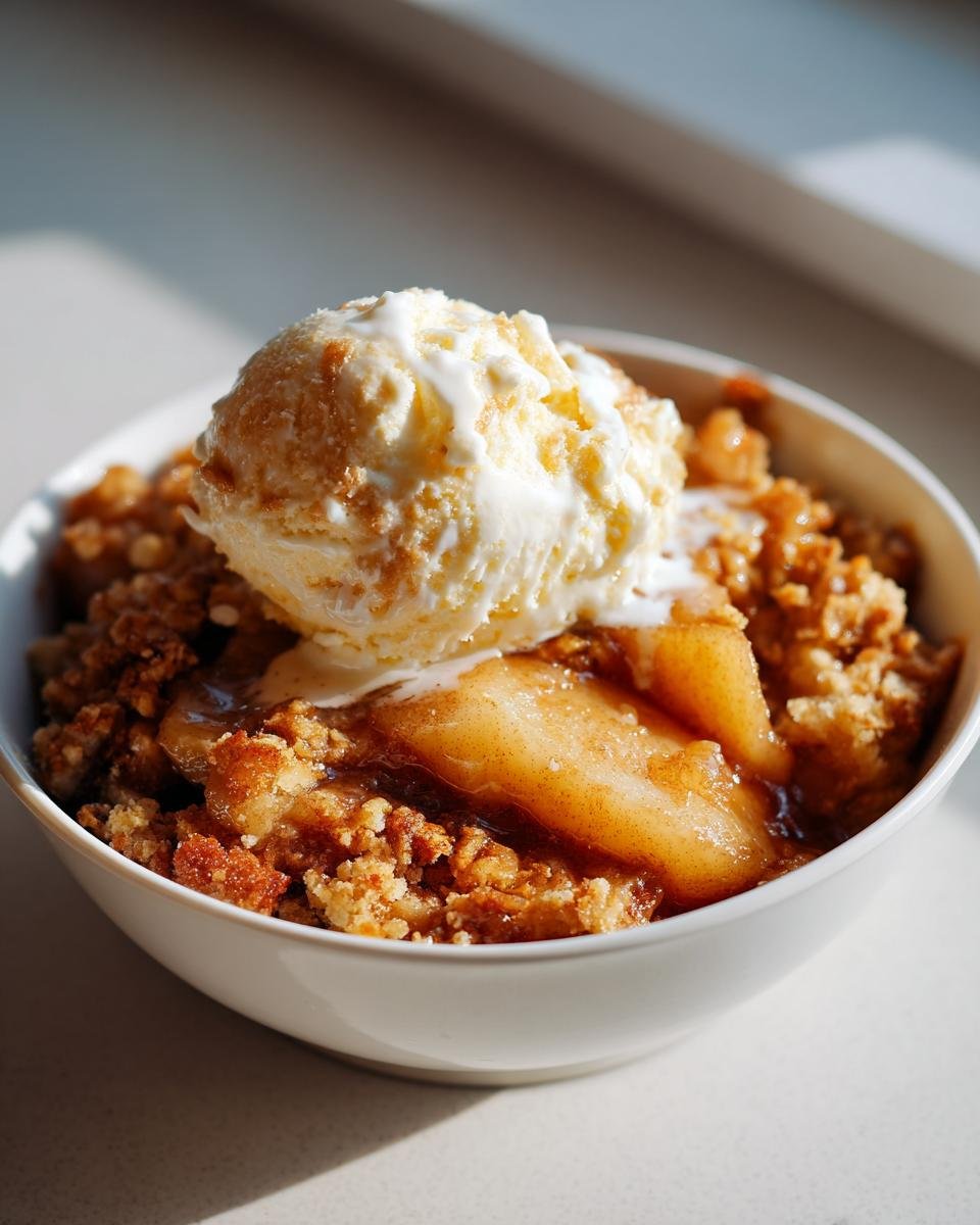 Nahaufnahme von Gesundes Apfel Crumble in einer wei&szlig;en Sch&uuml;ssel mit einer Kugel schmelzendem Vanilleeis.