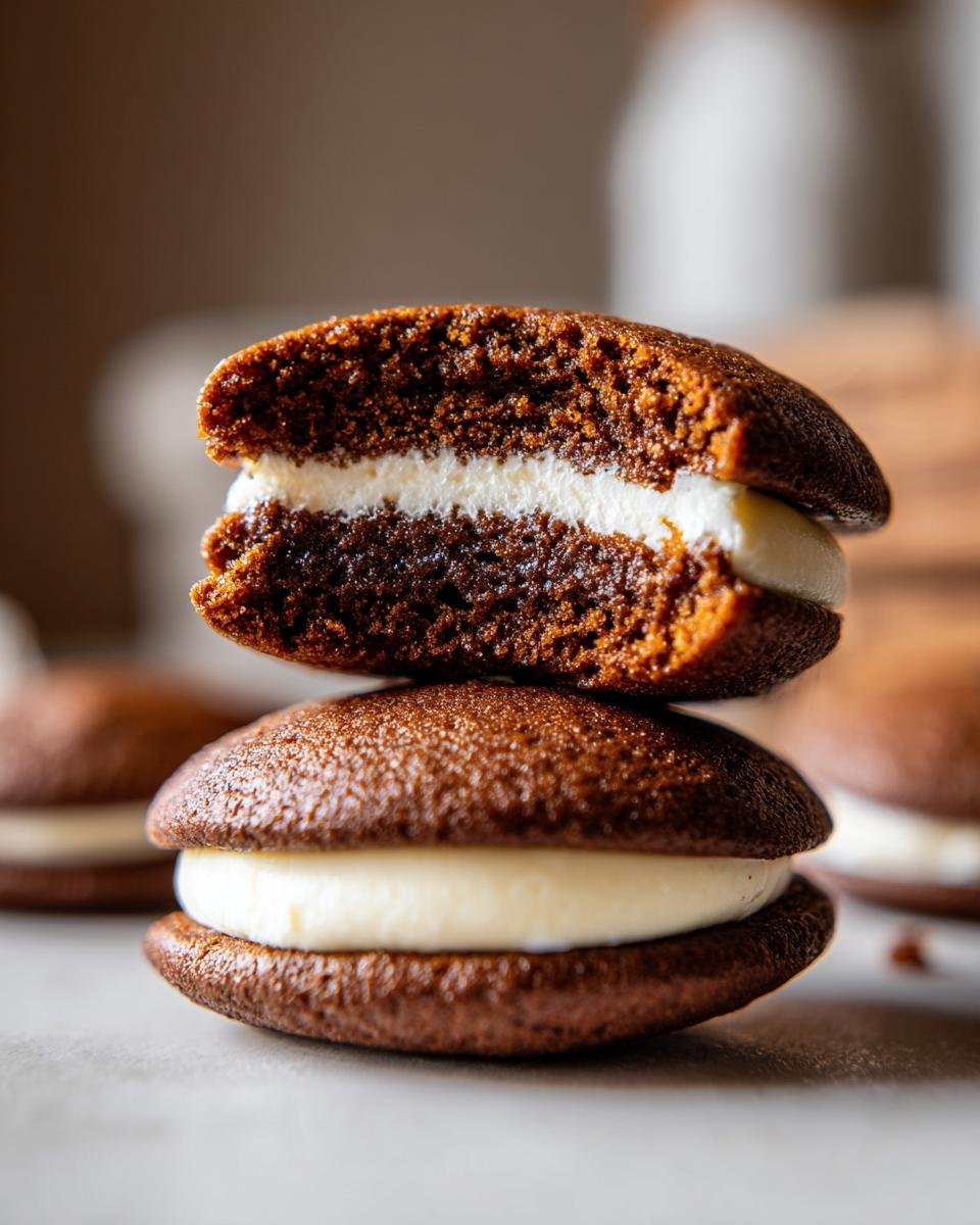 Nahaufnahme von gestapelten Gingerbread Whoopie Pies, einer davon aufgeschnitten, um die dunkle Lebkuchenh&uuml;lle und die wei&szlig;e Creme zu zeigen.