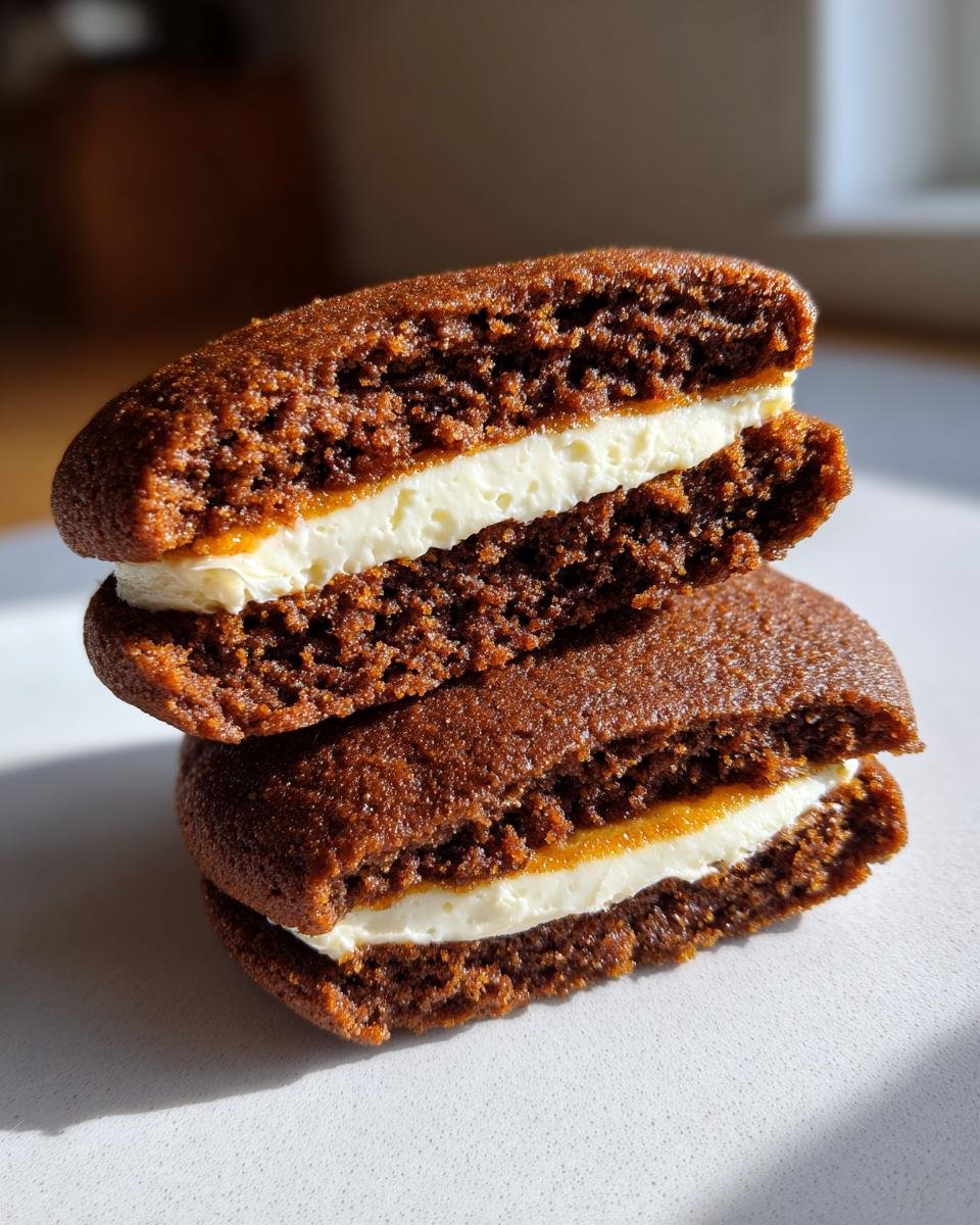 Nahaufnahme von zwei gestapelten, aufgeschnittenen Gingerbread Whoopie Pies, die eine dicke wei&szlig;e Creme-F&uuml;llung zeigen.