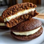 Nahaufnahme von zwei gestapelten Gingerbread Whoopie Pies, einer davon angeschnitten, um die dicke wei&szlig;e Creme-F&uuml;llung zu zeigen.