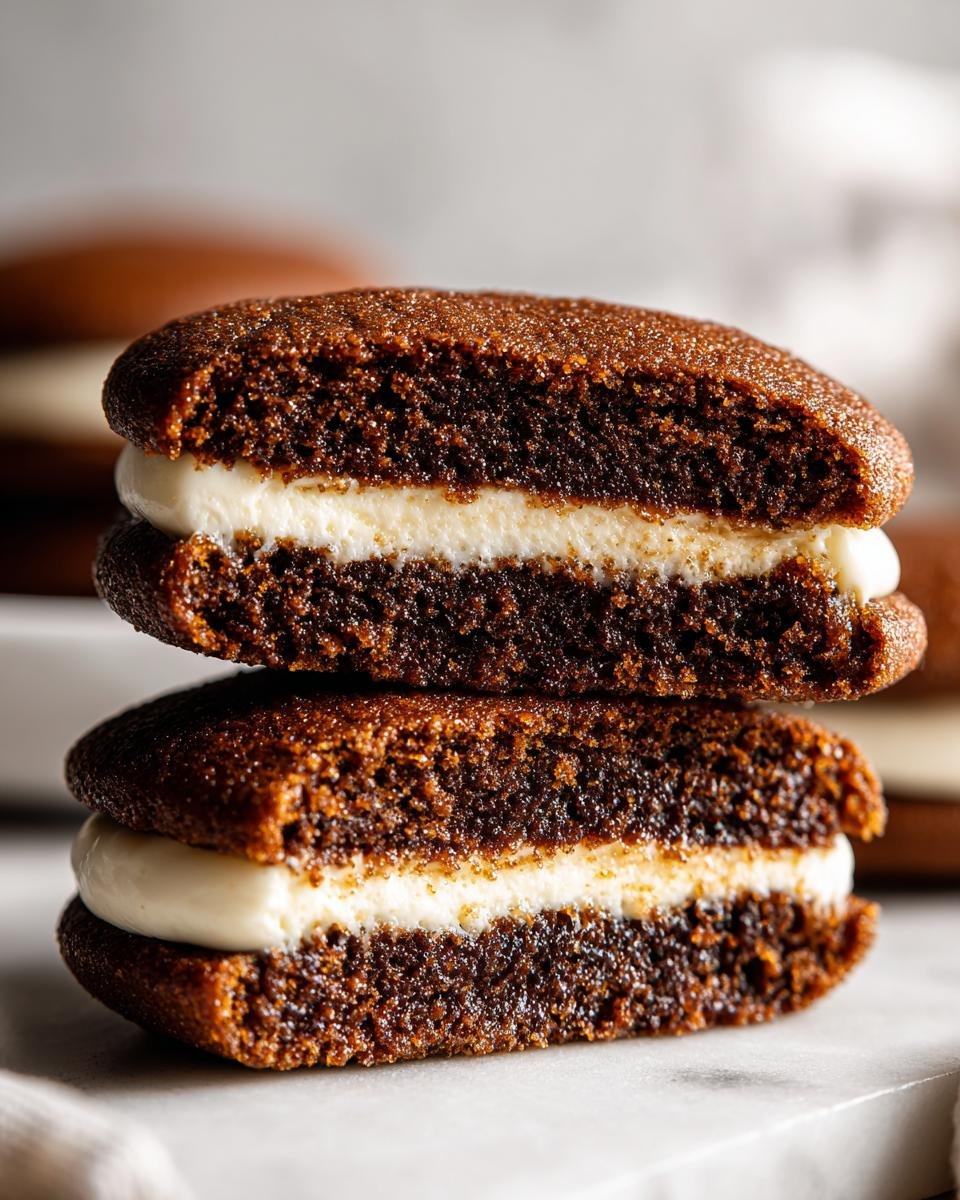 Zwei H&auml;lften von Gingerbread Whoopie Pies, gestapelt, mit cremiger F&uuml;llung in der Mitte.